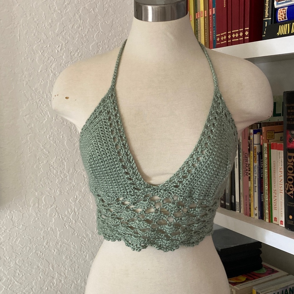 Green Crochet Halter Top handmade crop top bohemian top